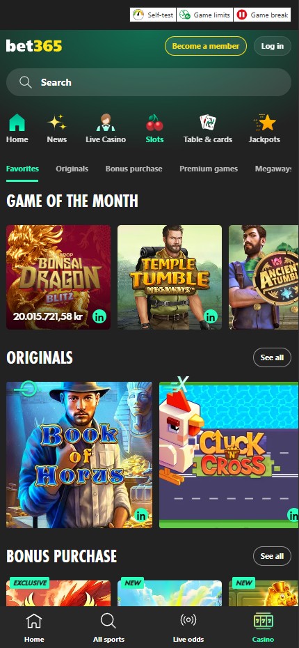 Bet365 mobile lobby